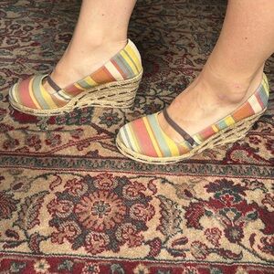 Espadrille Wedge Heel Canvas Shoes MultiStriped Size 10 BoHo Y2K MaryJane